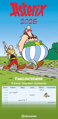 NEUMANN - Asterix 2025 Familienplaner, 22x45cm, Familienkalender mit 5 Spalten für Termine und Notizen, schöne Illustrationen, Stundenpläne, Schulferien und deutsches Kalendarium