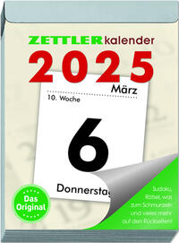 Zettler - Tagesabreißkalender 2025 XL, 8,2x10,7cm, Abreißkalender mit Sudokus, Rezepten und Rätseln, Sonnen- und Mondzeiten, Namenstage, mit Aufhängung und deutsches Kalendarium