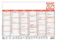 Zettler - Arbeitstagekalender 2025 weiß/rot, 29,7x21cm, Plakatkalender mit Jahresübersicht, 6 Monate auf 1 Seite, Mondphasen, Arbeitstage-, Tages- und Wochenzählung und deutsches Kalendarium