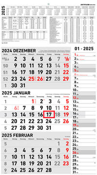 Zettler - 3-Monatskalender Kombi 2025, 33x45cm, Bürokalender mit Jahresübersicht, Datumsschieber, faltbar, 3 Monate auf einen Blick, Feiertage/Ferientermine DE/AT/CH und deutsches Kalendarium