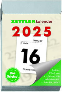 Zettler - Tagesabreißkalender 2025 S, 4,1x5,9cm, Abreißkalender mit Sudokus, Sonnen- und Mondzeiten, Namenstage, hellgraue Patentklammer, mit Aufhängung und deutsches Kalendarium