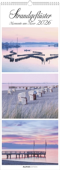 Alpha Edition - Strandgeflüster – Momente am Meer 2026 – XXL-Streifenkalender 25×69 cm, Wandkalender mit 3 maritimen Fotos pro Monat, hochwertiger Bildkalender Küsten & Strände