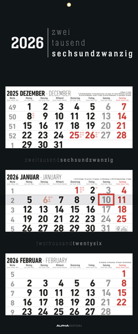 Alpha Edition - 3-Monatskalender Black 2026 - Büro-Kalender 33x20 cm (geschlossen), 33x80 cm (geöffnet) - faltbar - mit Datumsschieber