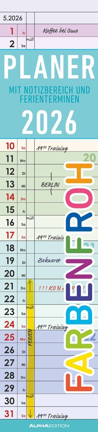 Alpha Edition - Planer Farbenfroh 2026 – Streifenplaner 11,3×49,5 cm mit deutschem Kalendarium & Feiertagen (DE/AT/CH), farbenfroher Wandkalender für Küche, Büro & Homeoffice