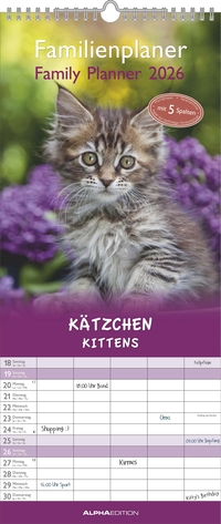 Alpha Edition - Kätzchen Familienkalender 2026 – Wandkalender 19,5×45 cm mit 5 Spalten & Feiertagen, süße Katzenmotive, praktischer Terminplaner für Familien, Paare & Katzenliebhaber