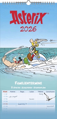 N Neumann - Asterix 2026 – Familienplaner 22x45 cm mit 5 Spalten, deutschem Kalendarium, Stundenplänen & Ferienterminen, Terminplaner mit Spiralbindung, Comic-Kalender für Kinder & Familien
