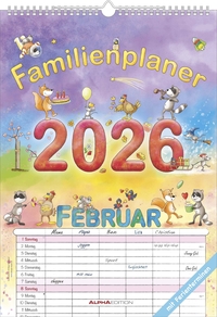 Alpha Edition - Familienplaner Cartoon 2026 – Familienkalender A3 (29,7×42 cm) mit 6 Spalten, Ferienterminen & Platz für Notizen – Wandkalender mit lustigen Illustrationen von Silke Leskien