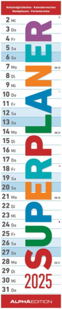 Alpha Edition - Superplaner 2025 Streifenkalender, 17x85cm, Küchenkalender mit einer großen Spalte für Termine, viel Platz für Notizmöglichkeiten, Mondphasen und deutschem Kalendarium