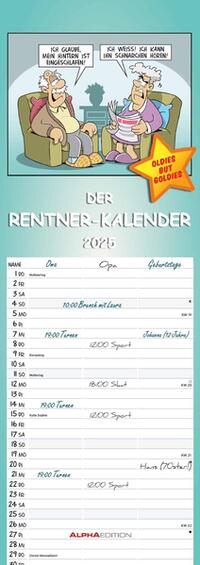 Alpha Edition - Rentnerkalender 2025 Streifenkalender, 15x42cm, Kalender mit 3 Spalten für Termine, 100 jährigem Kalender, Ferienterminen DE/AT/CH, mit Pollenflugkalender und deutschem Kalendarium