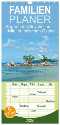 Familienplaner 2026 - Sagenhafte Seychellen - Idylle im Indischen Ozean mit 5 Spalten (Wandkalender, 21 x 45 cm) CALVENDO