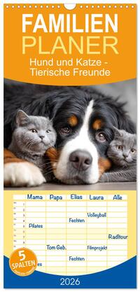 Familienplaner 2026 - Hund und Katze - Tierische Freunde mit 5 Spalten (Wandkalender, 21 x 45 cm) CALVENDO